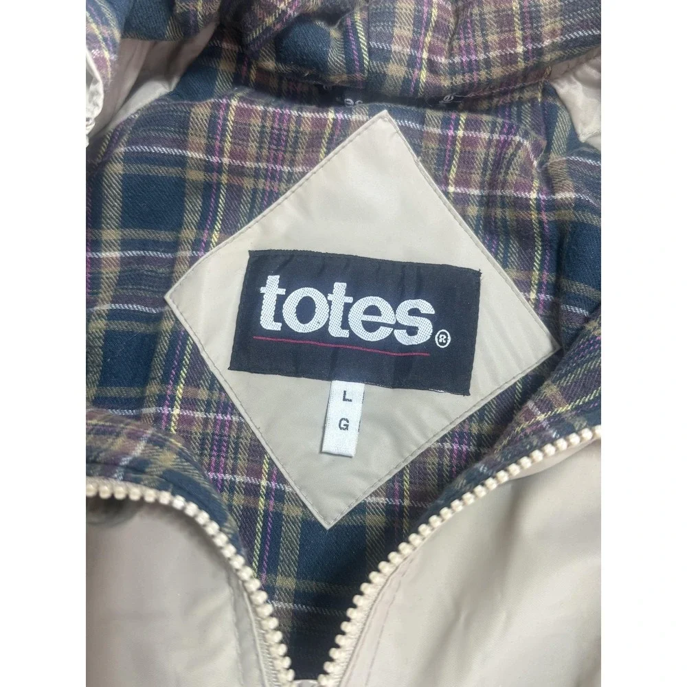 Totes Rain‎ Coat Mens Large Beige PVC Hooded Flannel Lined Insulated Jacket